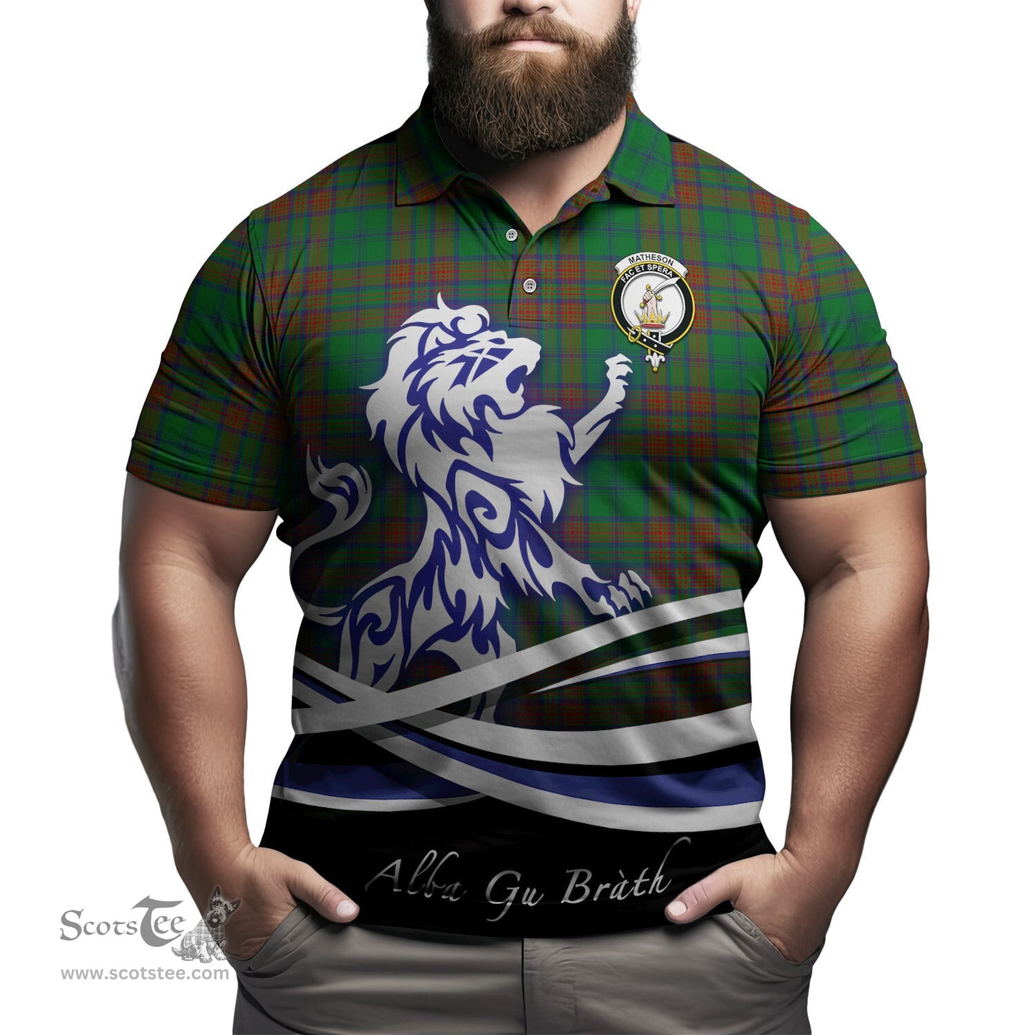 ScotsTee Shop Scottish Matheson Hunting Highland Clan Crest Tartan Polo Shirt Alba Gu Brath Regal Lion Emblem