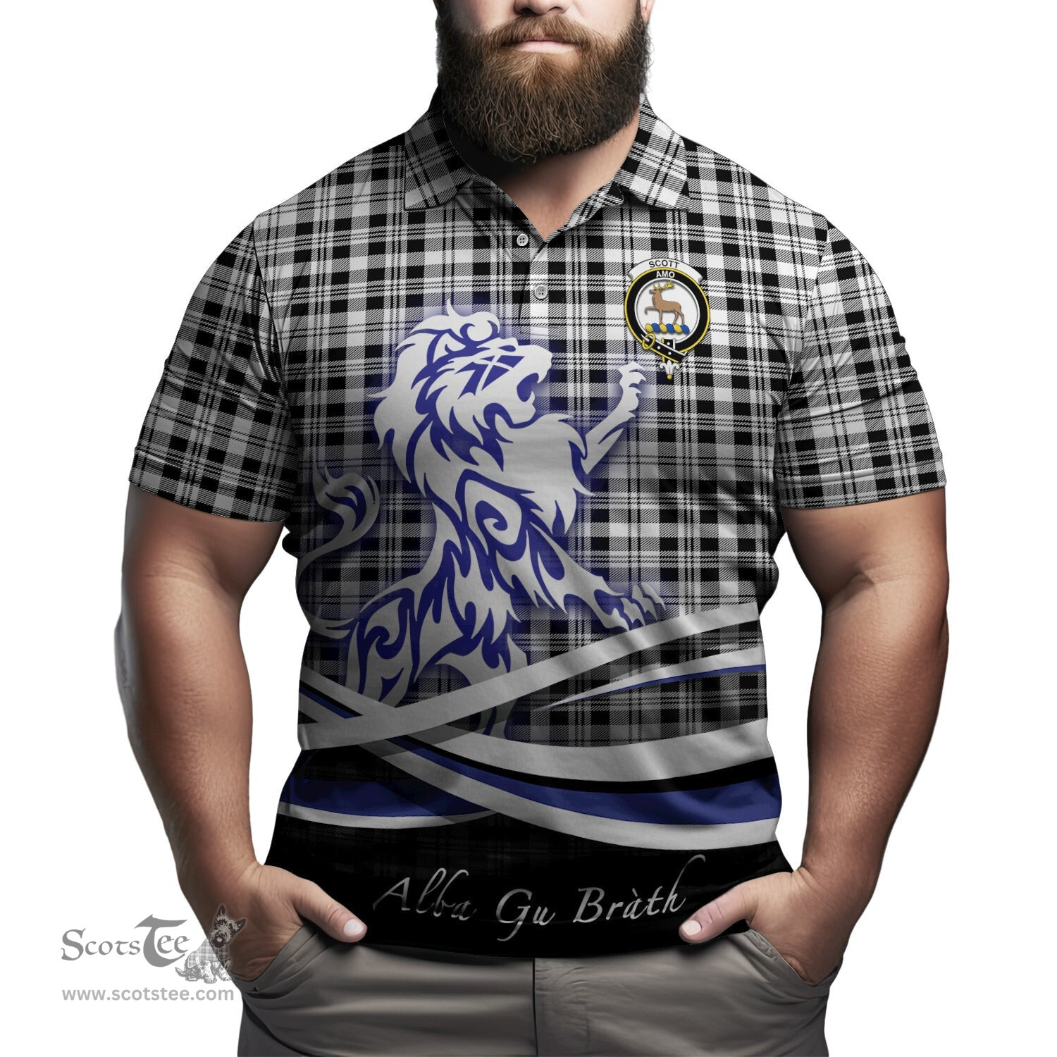 ScotsTee Shop Scottish Scott Black White Clan Crest Tartan Polo Shirt Alba Gu Brath Regal Lion Emblem