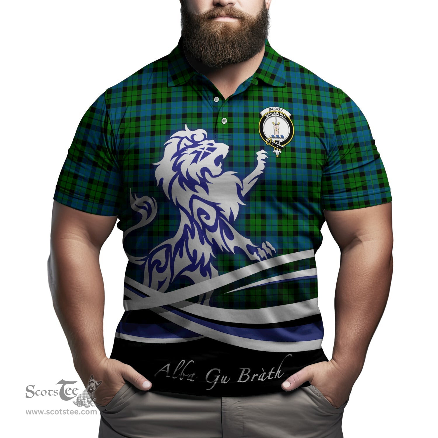 ScotsTee Shop Scottish McCoy Clan Crest Tartan Polo Shirt Alba Gu Brath Regal Lion Emblem