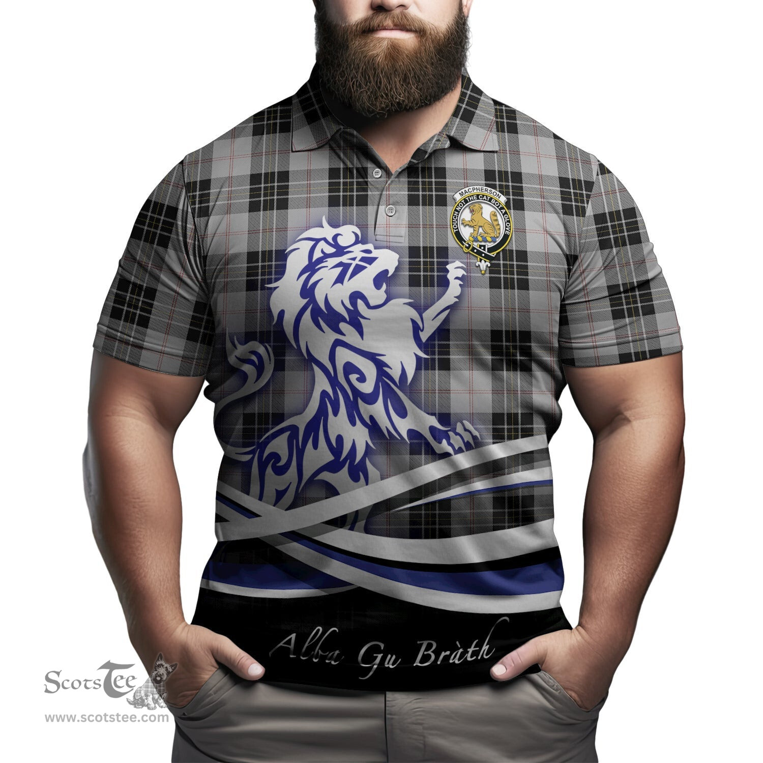 ScotsTee Shop Scottish MacPherson Dress Clan Crest Tartan Polo Shirt Alba Gu Brath Regal Lion Emblem