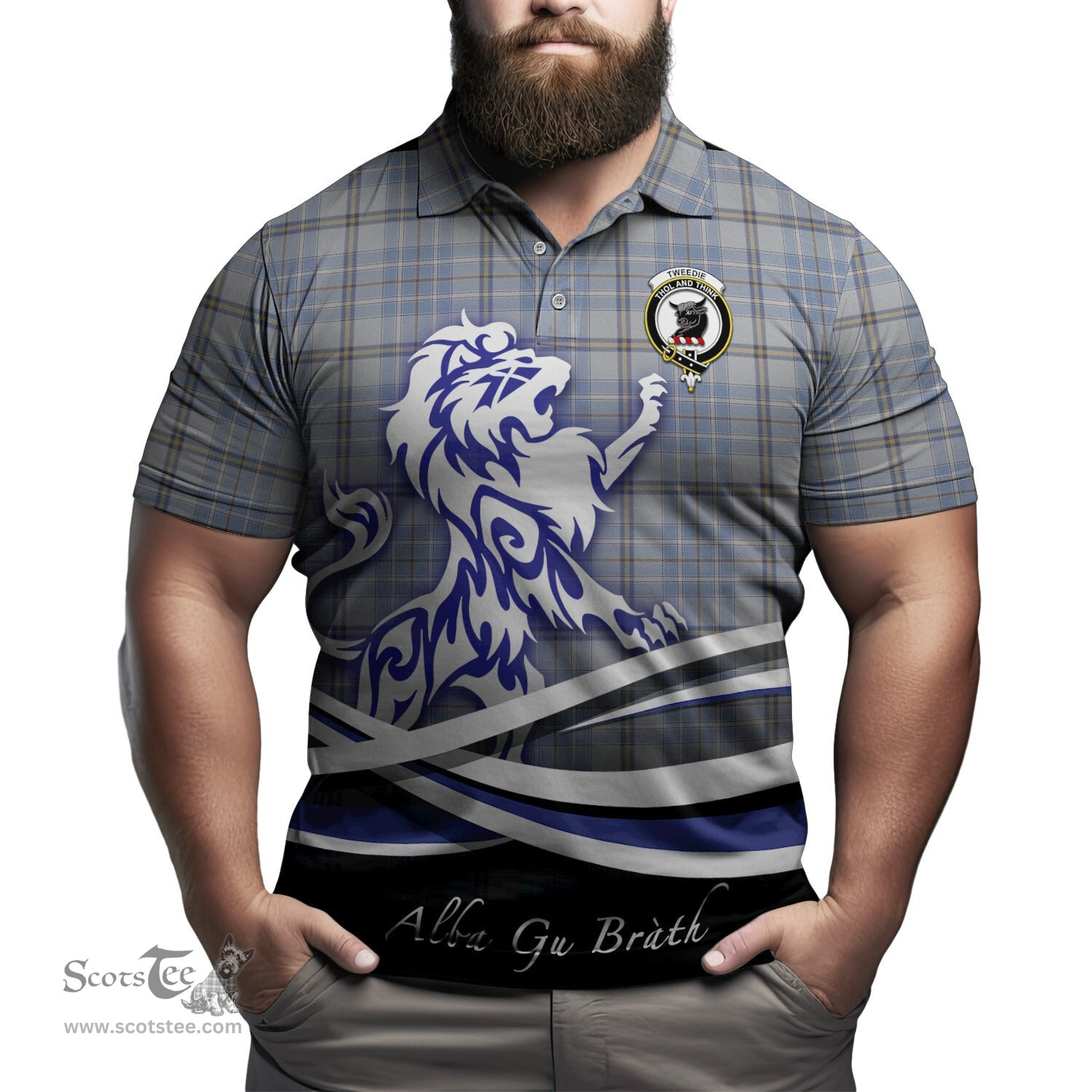 ScotsTee Shop Scottish Tweedie Clan Crest Tartan Polo Shirt Alba Gu Brath Regal Lion Emblem