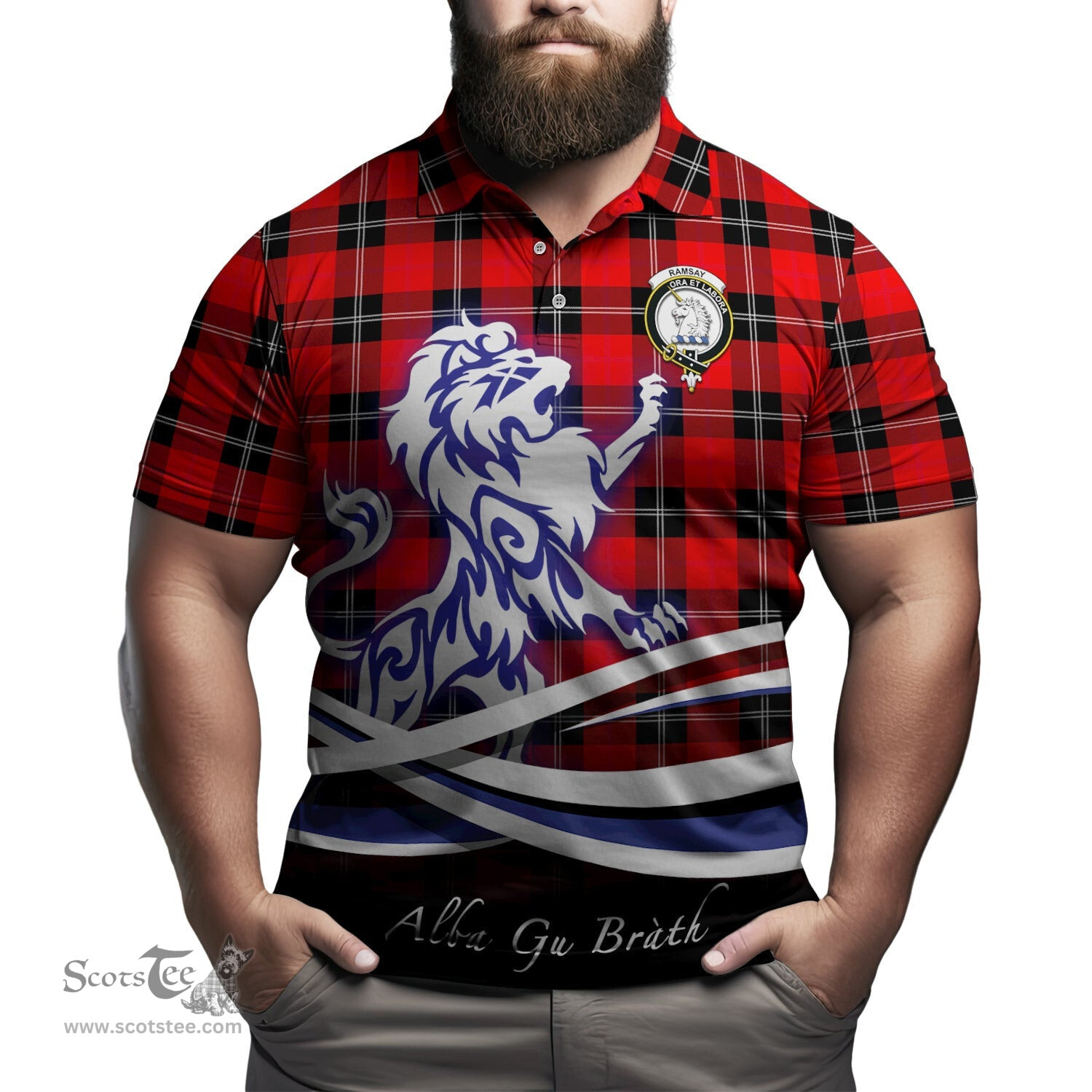 ScotsTee Shop Scottish Ramsay Modern Clan Crest Tartan Polo Shirt Alba Gu Brath Regal Lion Emblem