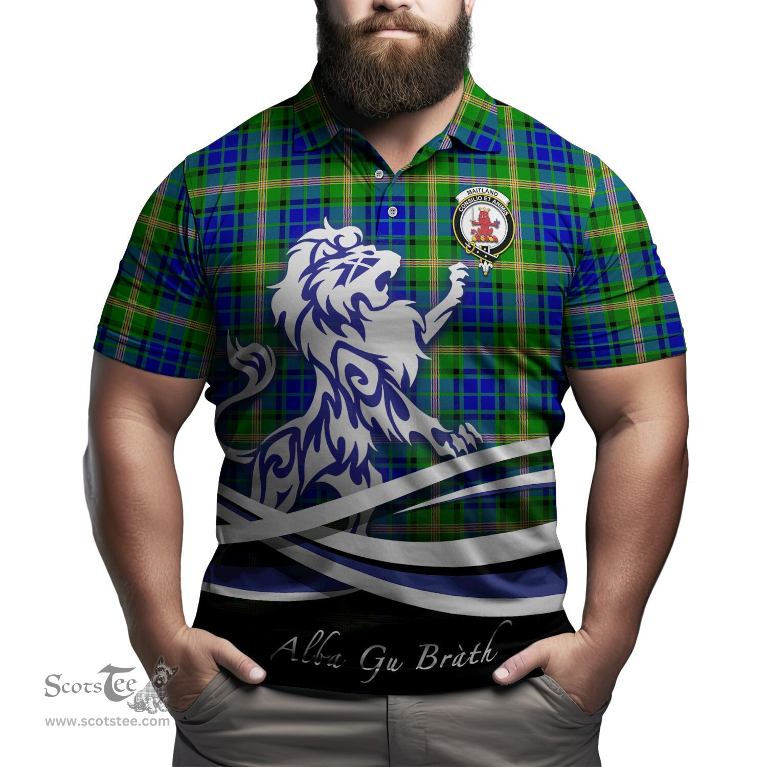 ScotsTee Shop Scottish Maitland Clan Crest Tartan Polo Shirt Alba Gu Brath Regal Lion Emblem