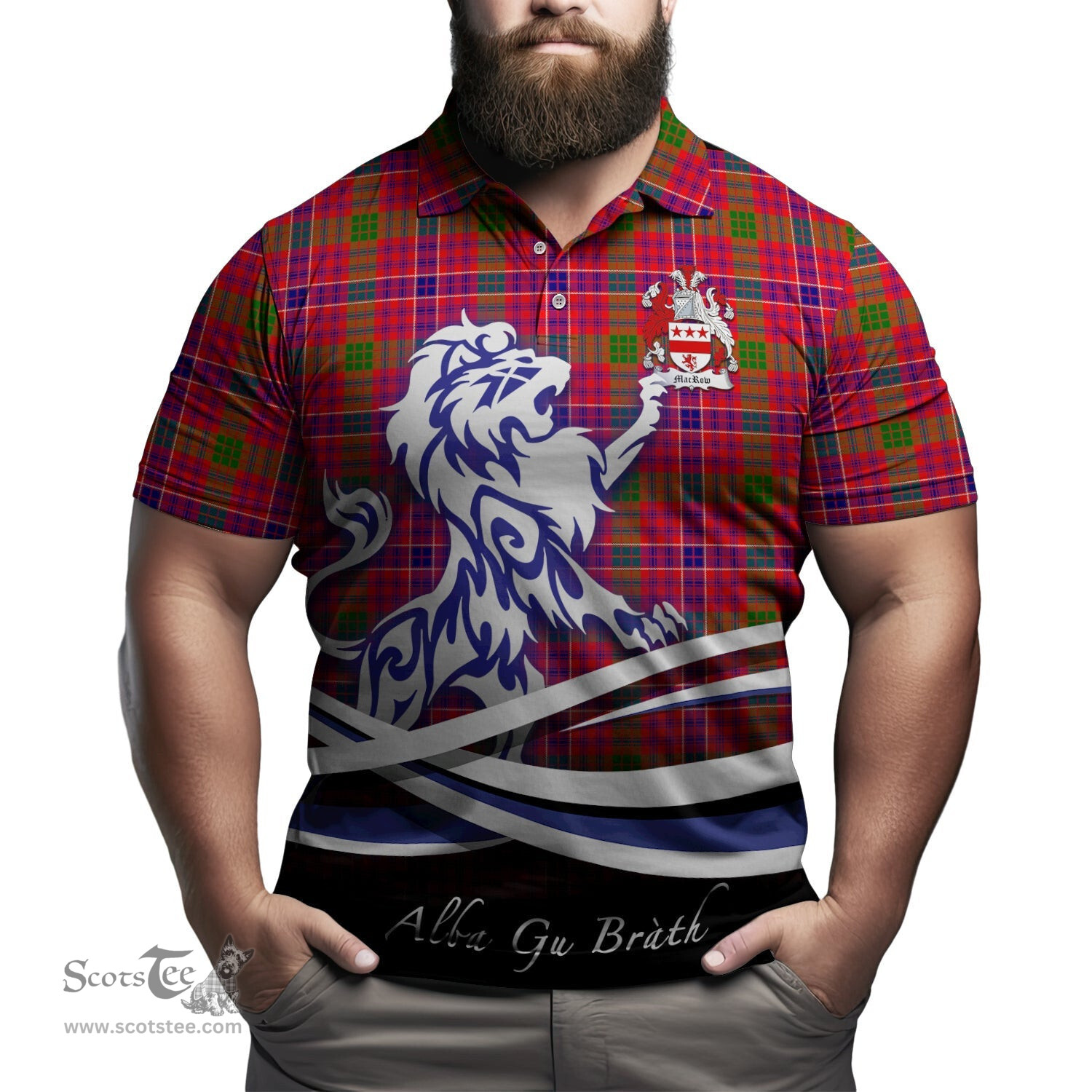 ScotsTee Shop Scottish MacRow Clan Crest Tartan Polo Shirt Alba Gu Brath Regal Lion Emblem