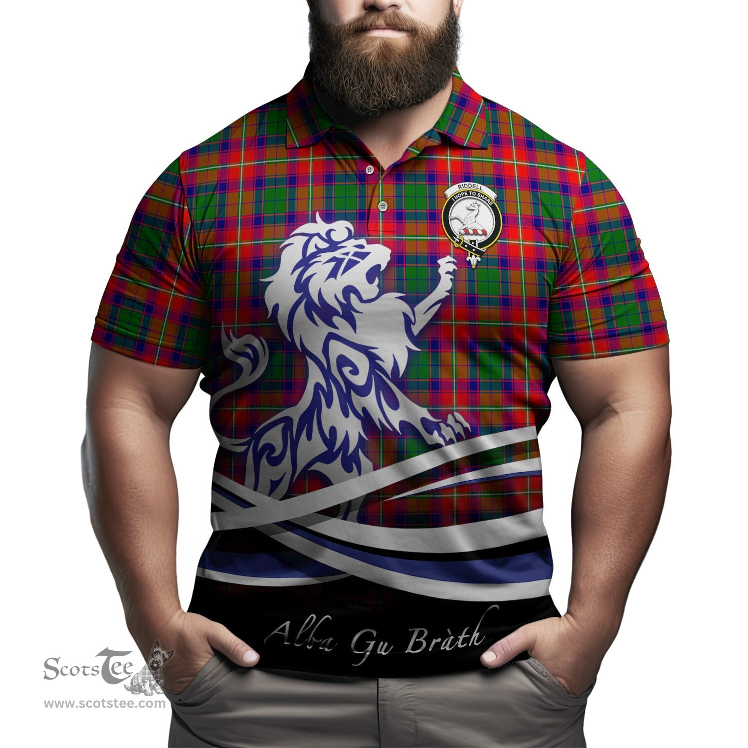 ScotsTee Shop Scottish Riddell Clan Crest Tartan Polo Shirt Alba Gu Brath Regal Lion Emblem
