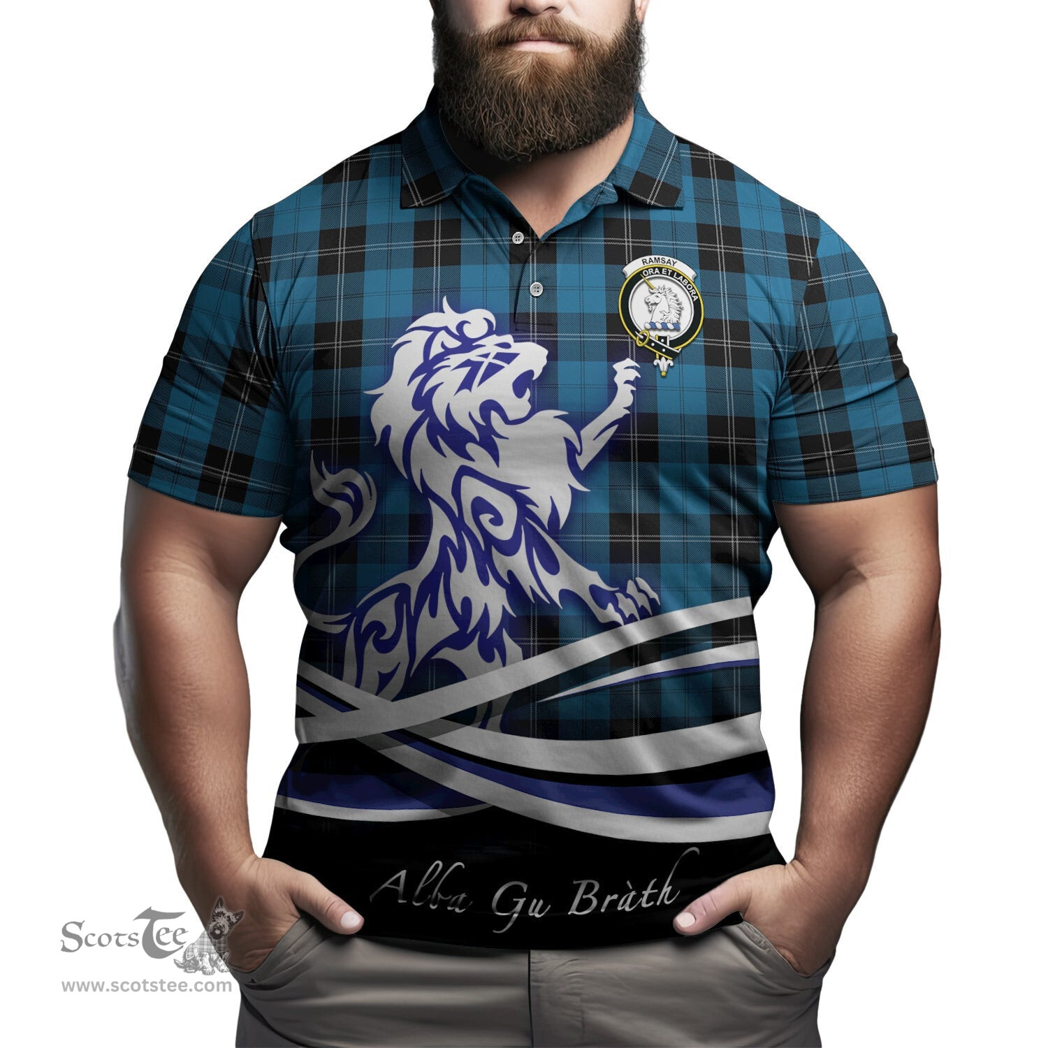 ScotsTee Shop Scottish Ramsay Blue Hunting Clan Crest Tartan Polo Shirt Alba Gu Brath Regal Lion Emblem