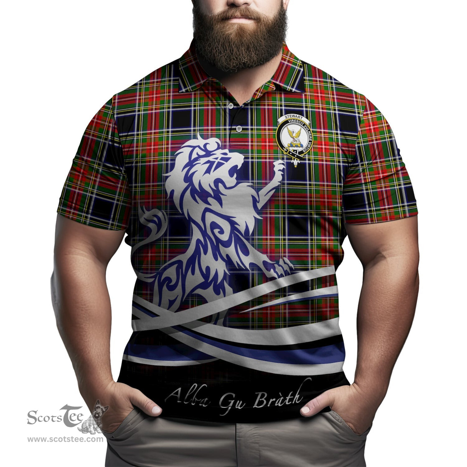 ScotsTee Shop Scottish Stewart Black Clan Crest Tartan Polo Shirt Alba Gu Brath Regal Lion Emblem
