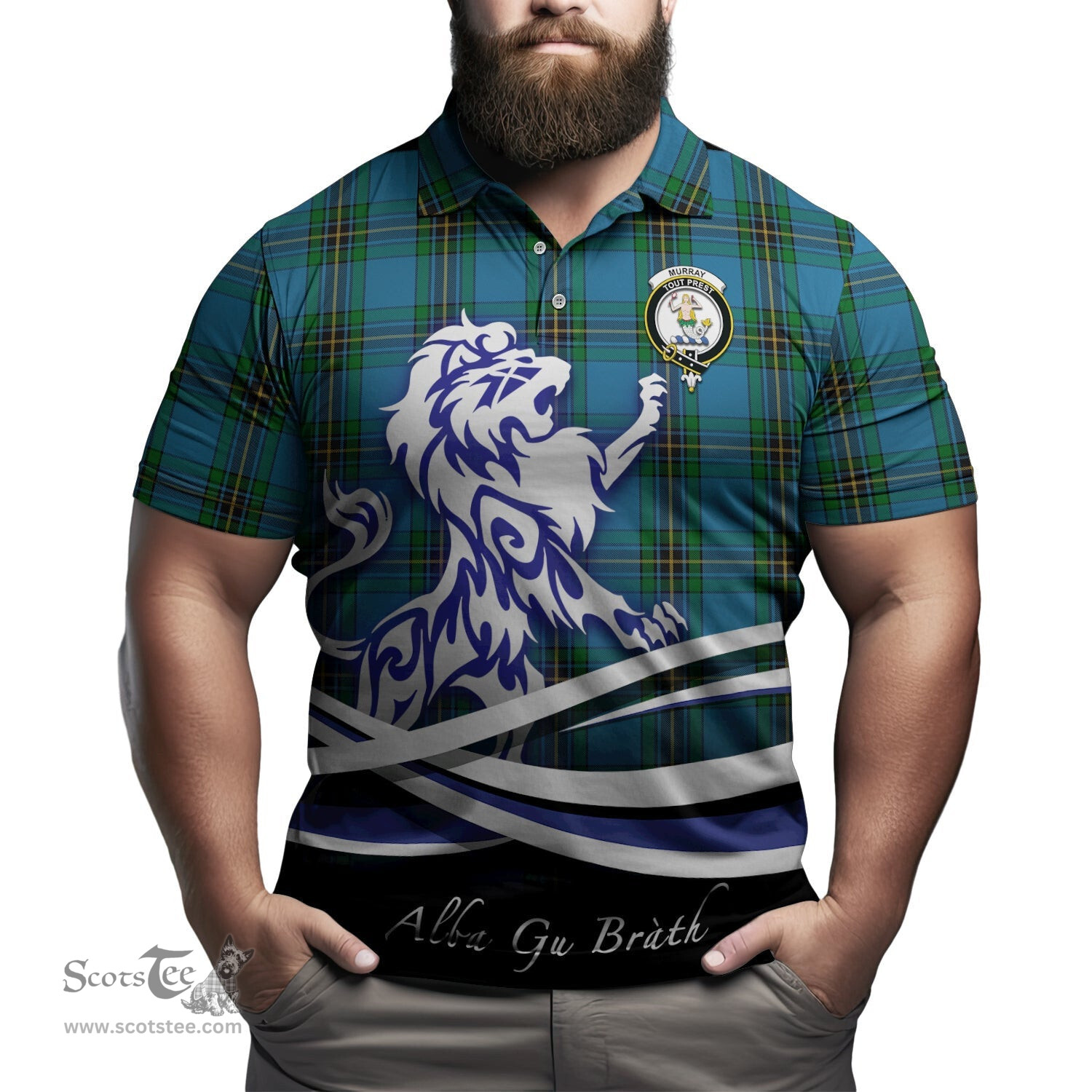 ScotsTee Shop Scottish Murray of Elibank Clan Crest Tartan Polo Shirt Alba Gu Brath Regal Lion Emblem