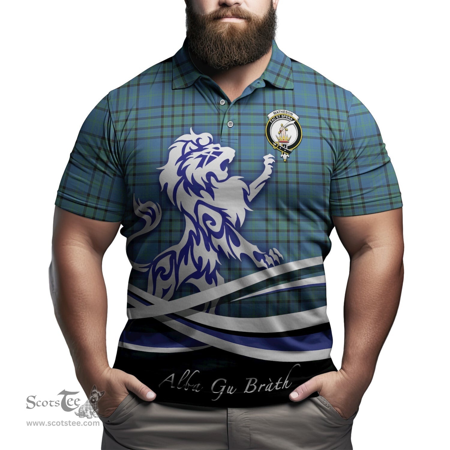 ScotsTee Shop Scottish Matheson Hunting Ancient Clan Crest Tartan Polo Shirt Alba Gu Brath Regal Lion Emblem
