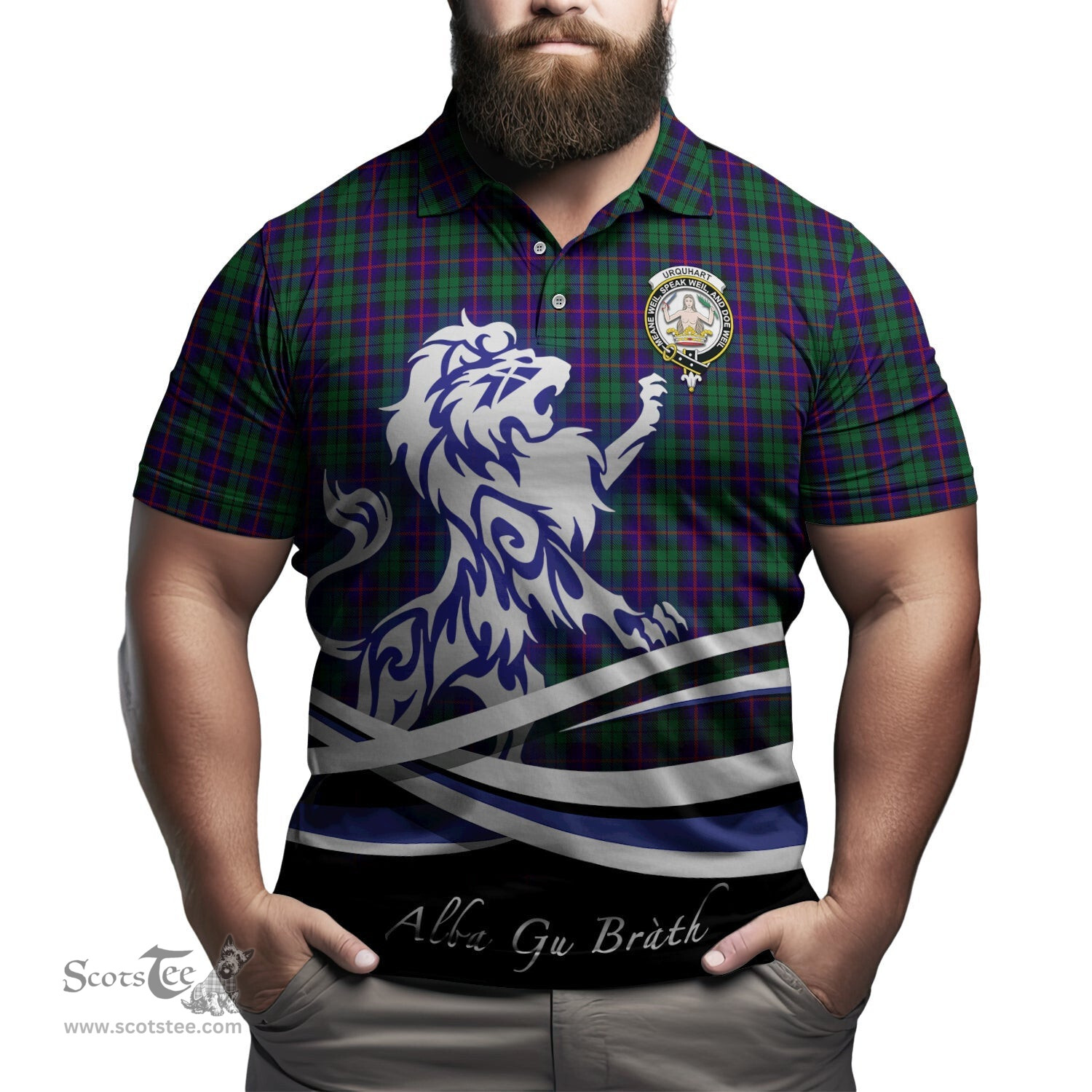 ScotsTee Shop Scottish Urquhart Clan Crest Tartan Polo Shirt Alba Gu Brath Regal Lion Emblem