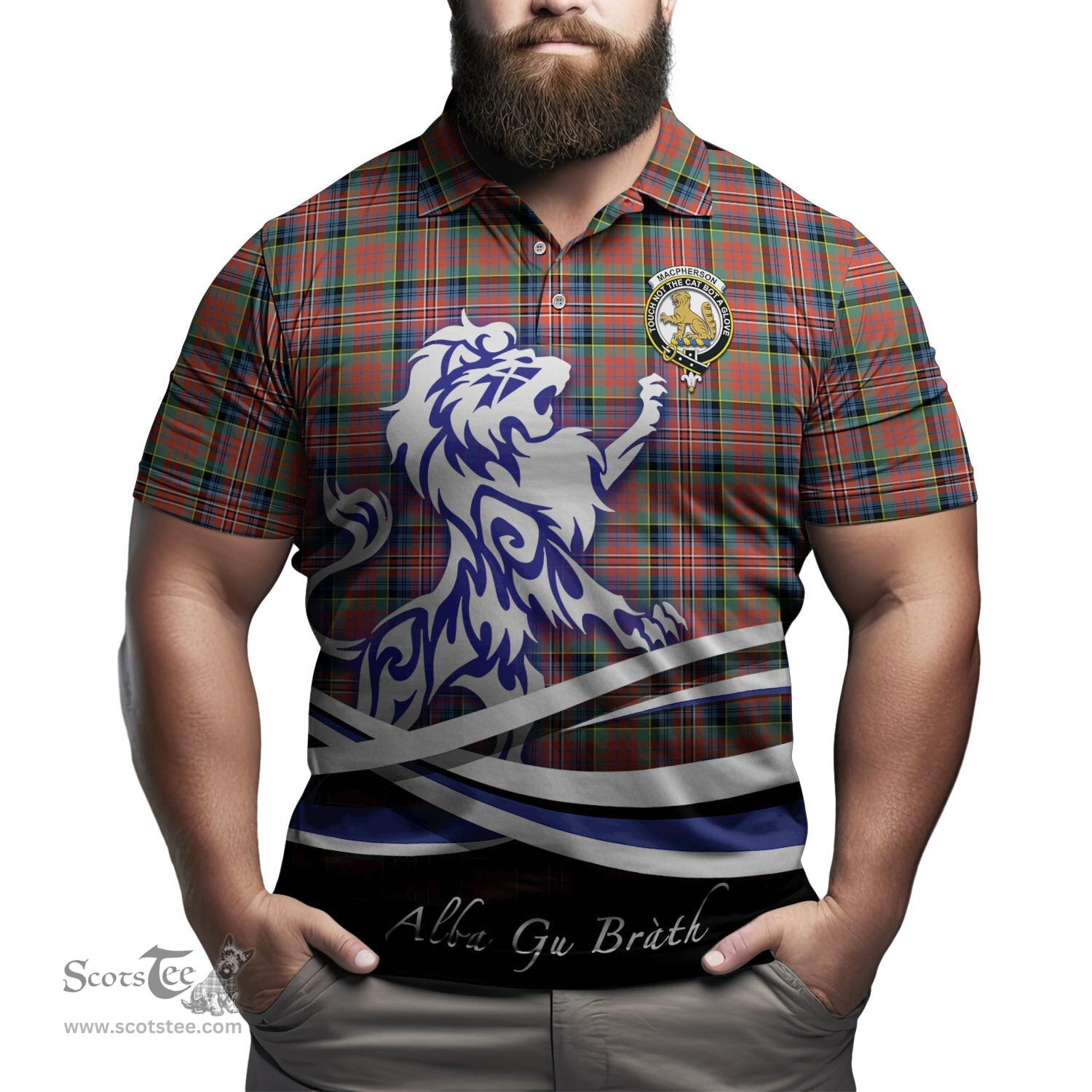 ScotsTee Shop Scottish MacPherson Ancient Clan Crest Tartan Polo Shirt Alba Gu Brath Regal Lion Emblem
