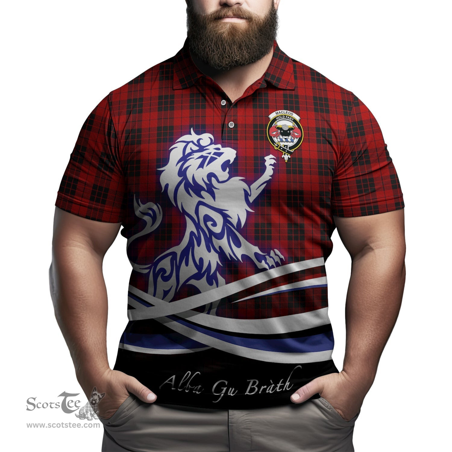 ScotsTee Shop Scottish MacLeod of Raasay Highland Clan Crest Tartan Polo Shirt Alba Gu Brath Regal Lion Emblem