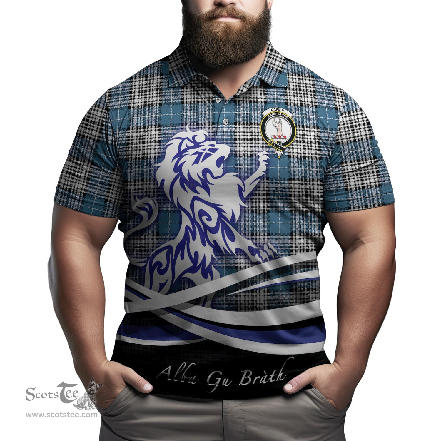 ScotsTee Shop Scottish Napier Modern Clan Crest Tartan Polo Shirt Alba Gu Brath Regal Lion Emblem