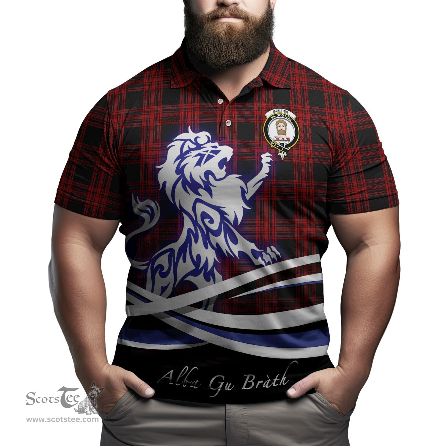 ScotsTee Shop Scottish Menzies Hunting Clan Crest Tartan Polo Shirt Alba Gu Brath Regal Lion Emblem
