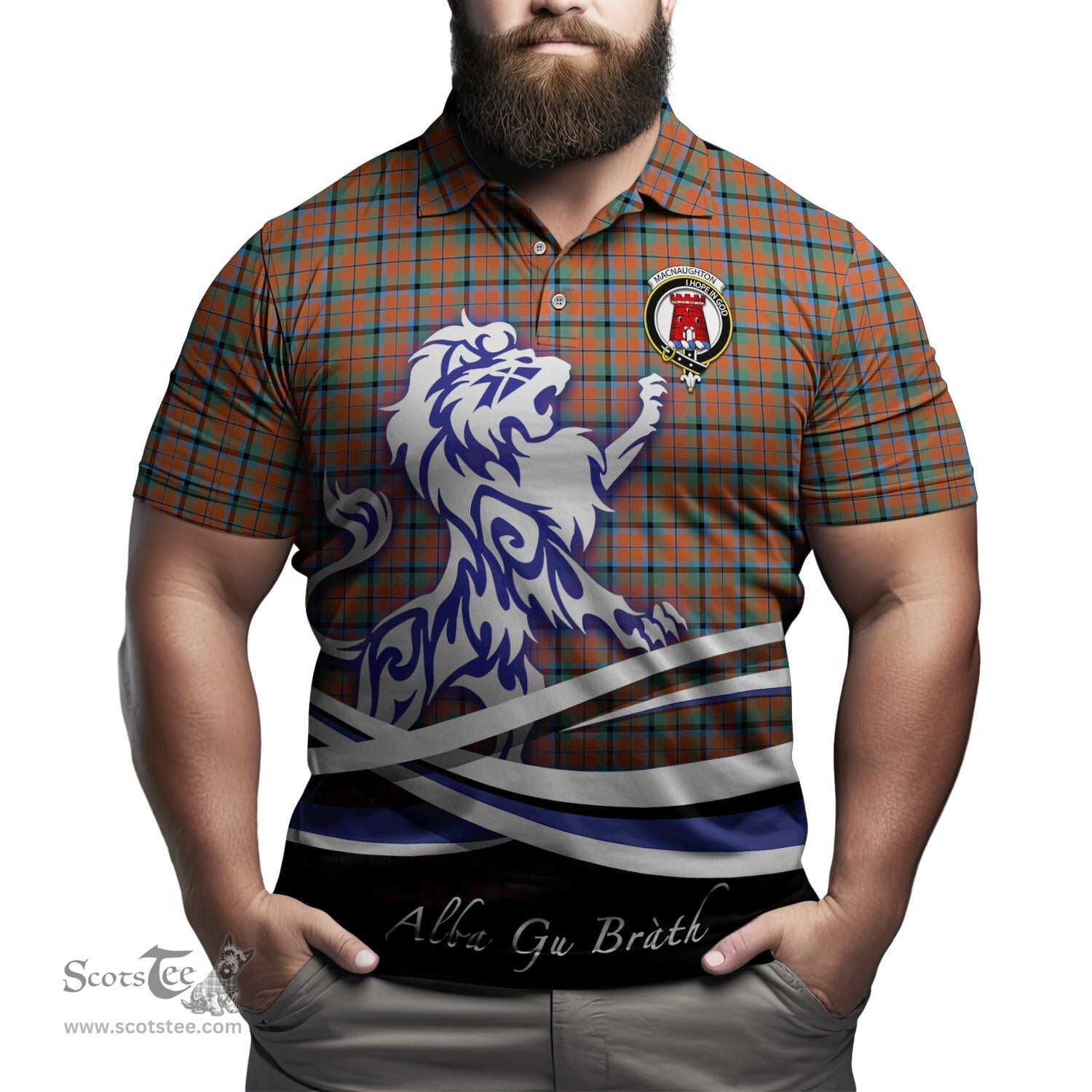 ScotsTee Shop Scottish MacNaughton Ancient Clan Crest Tartan Polo Shirt Alba Gu Brath Regal Lion Emblem