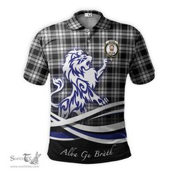 ScotsTee Shop Scottish Menzies Black and White Clan Crest Tartan Polo Shirt Alba Gu Brath Regal Lion Emblem