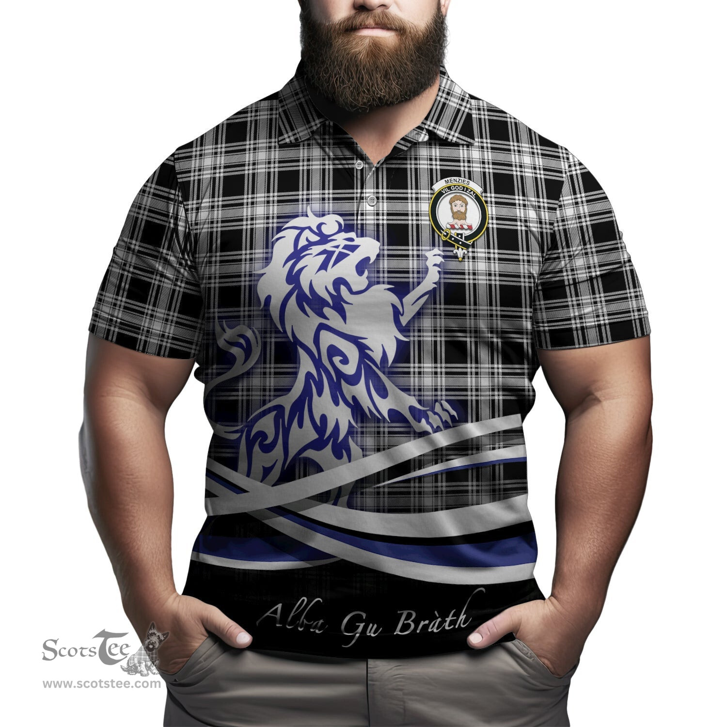 ScotsTee Shop Scottish Menzies Black and White Clan Crest Tartan Polo Shirt Alba Gu Brath Regal Lion Emblem