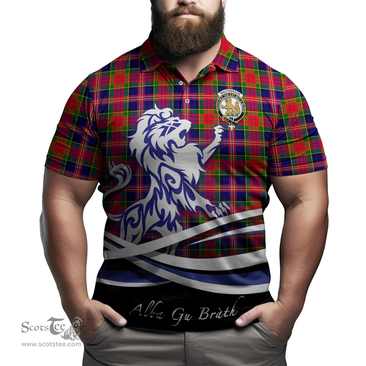 ScotsTee Shop Scottish MacPherson Modern Clan Crest Tartan Polo Shirt Alba Gu Brath Regal Lion Emblem