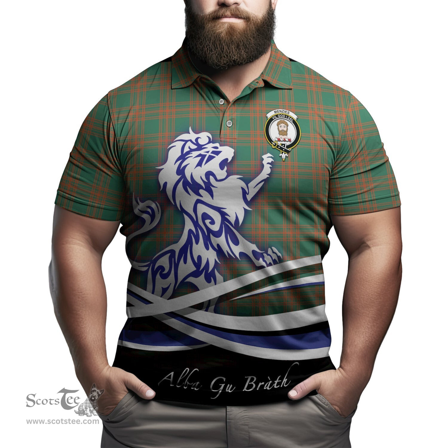 ScotsTee Shop Scottish Menzies Green Ancient Clan Crest Tartan Polo Shirt Alba Gu Brath Regal Lion Emblem