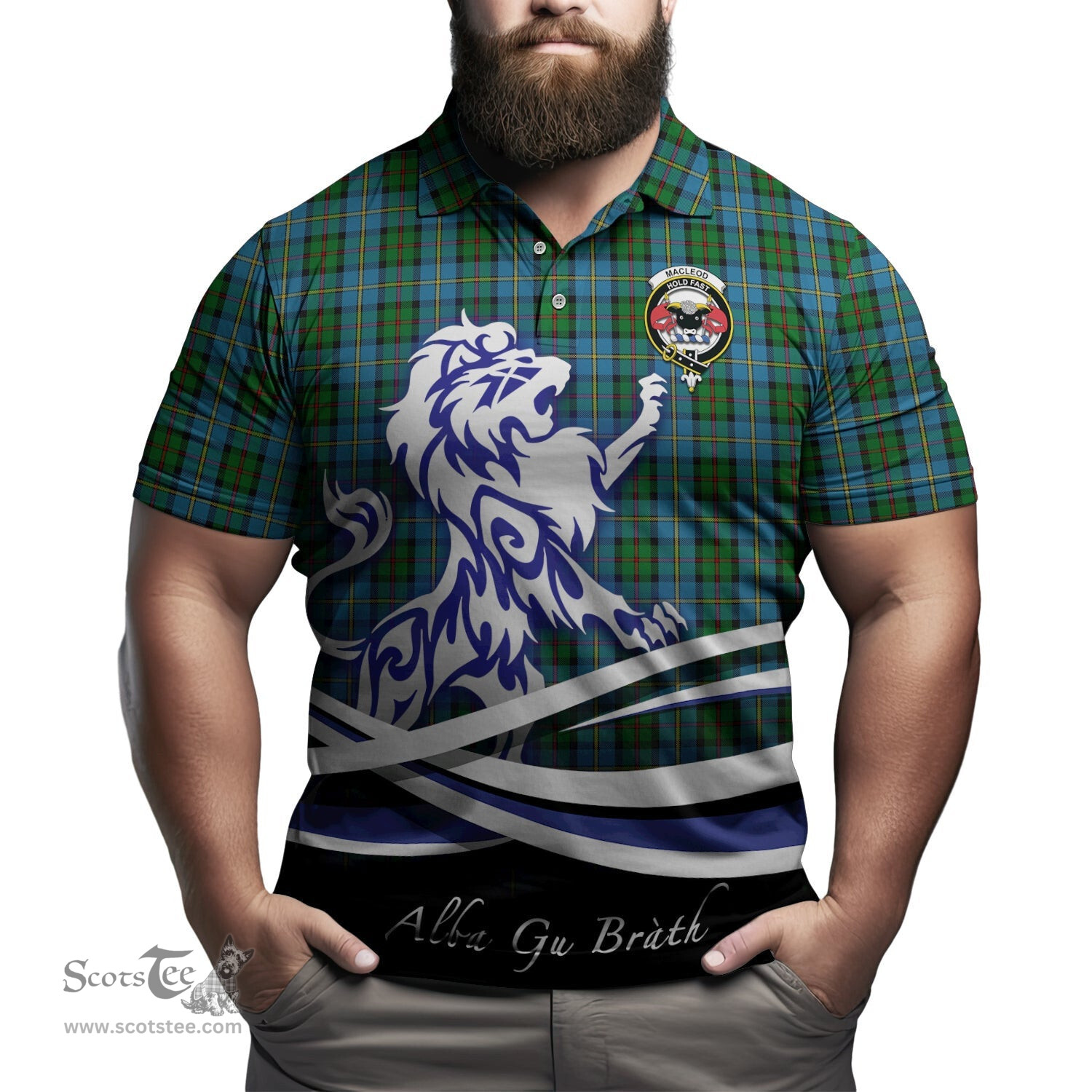 ScotsTee Shop Scottish MacLeod Green Clan Crest Tartan Polo Shirt Alba Gu Brath Regal Lion Emblem