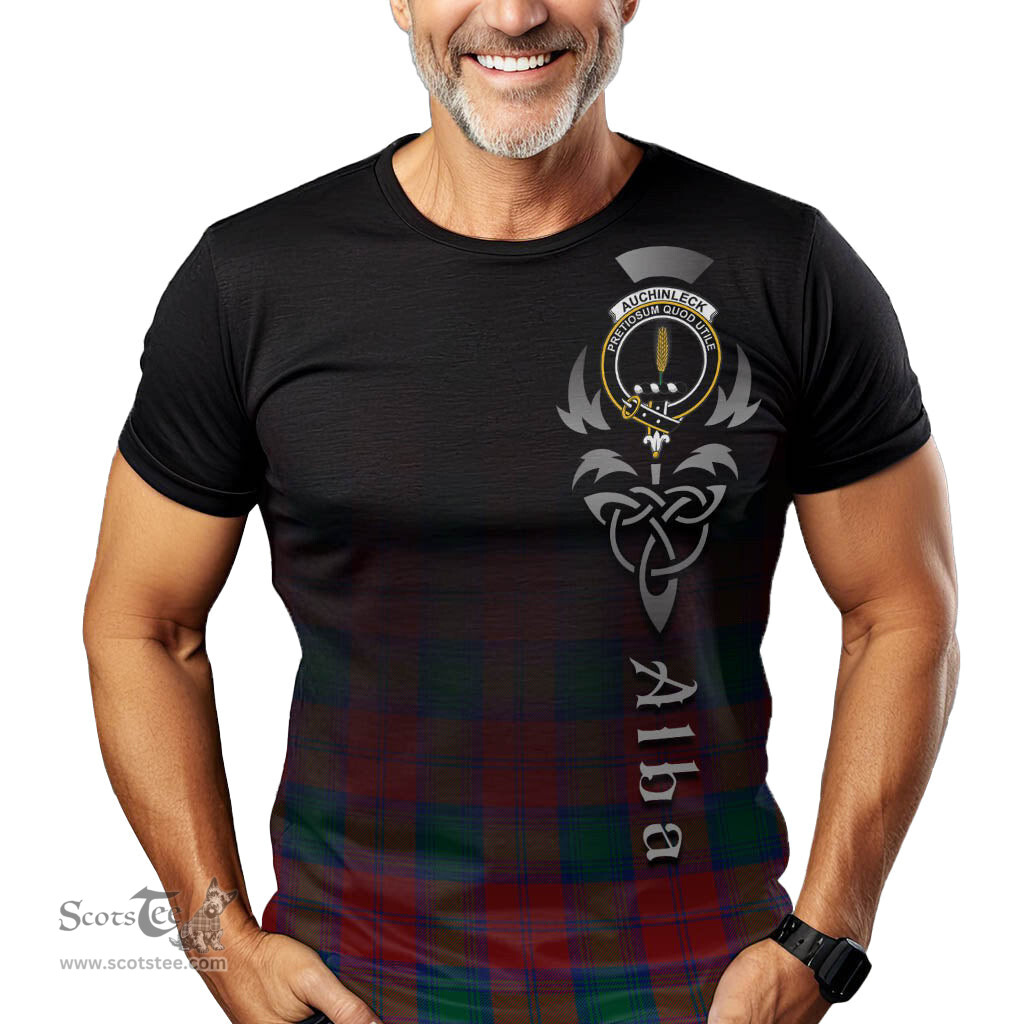 ScotsTee Shop Scottish Auchinleck Clan Crest Tartan T Shirt Featuring Alba Gu Brath Scotland Forever and Ever Celtic Cross