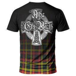 ScotsTee Shop Scottish Buchanan Modern Clan Crest Tartan T Shirt Featuring Alba Gu Brath Scotland Forever and Ever Celtic Cross