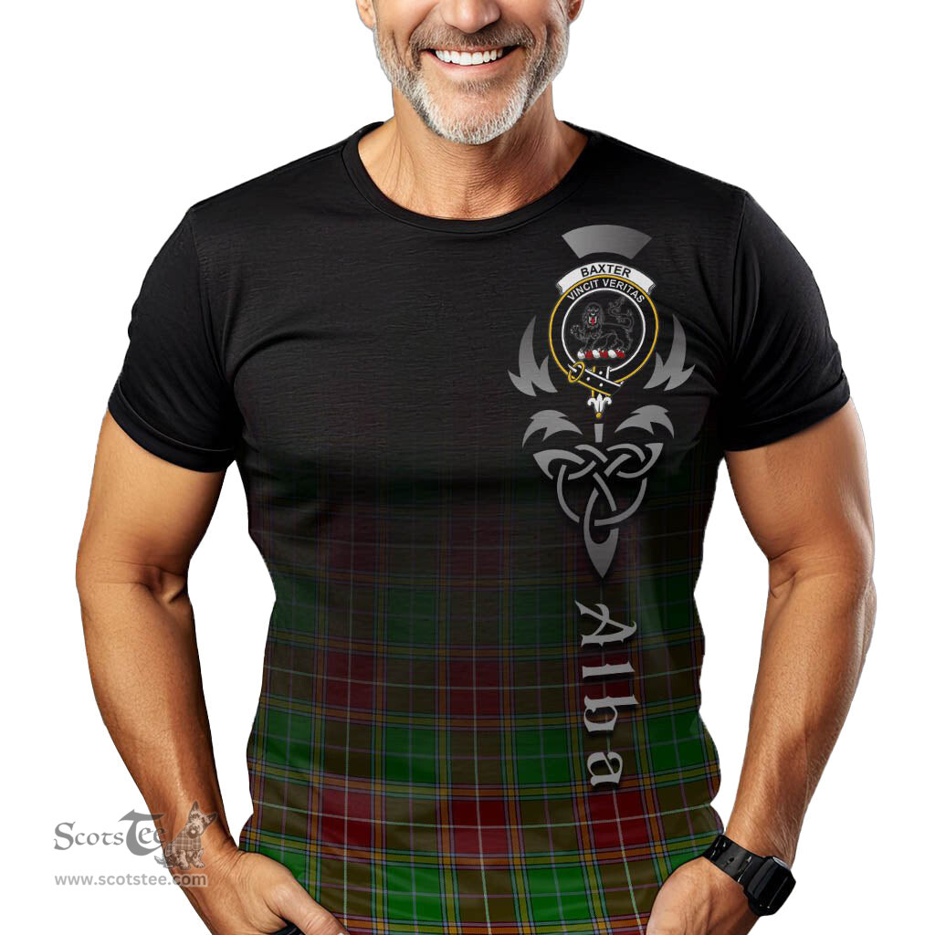 ScotsTee Shop Scottish Baxter Modern Clan Crest Tartan T Shirt Featuring Alba Gu Brath Scotland Forever and Ever Celtic Cross