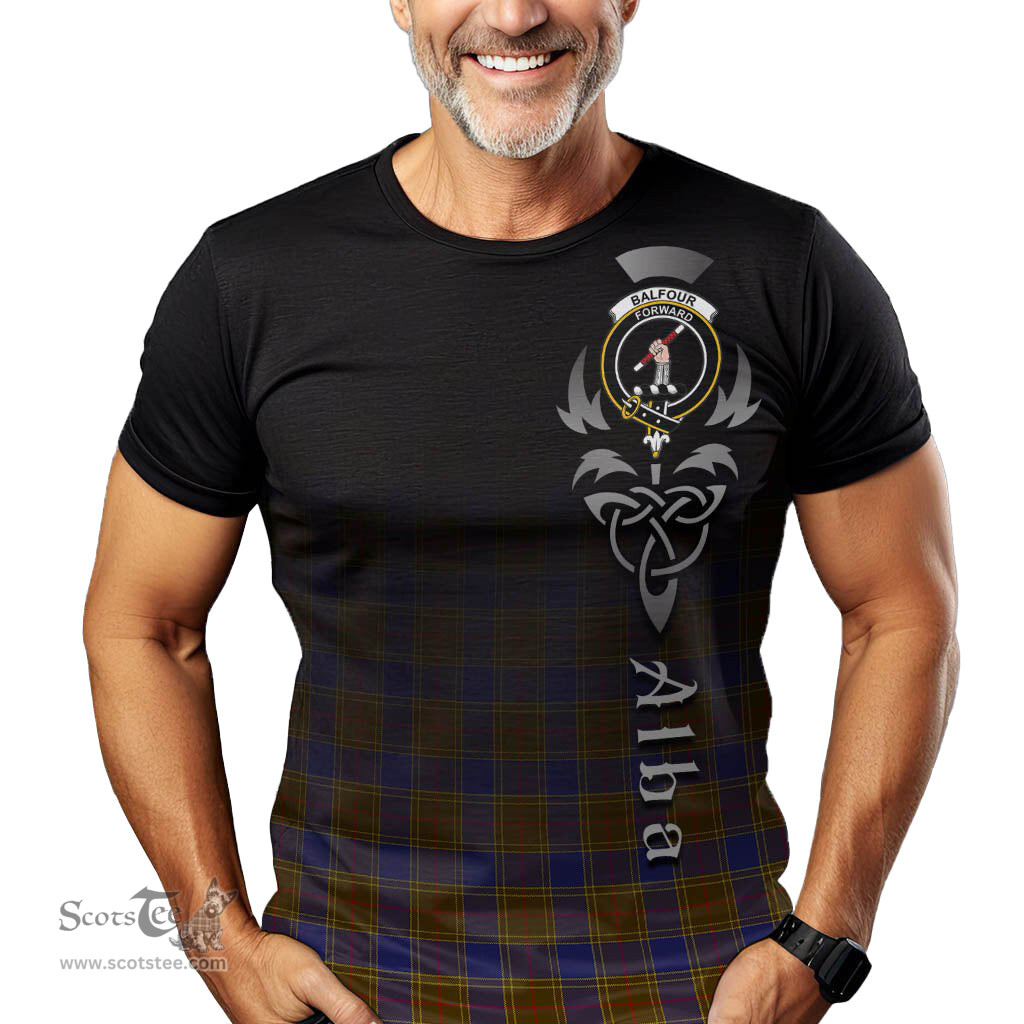 ScotsTee Shop Scottish Balfour Modern Clan Crest Tartan T Shirt Featuring Alba Gu Brath Scotland Forever and Ever Celtic Cross