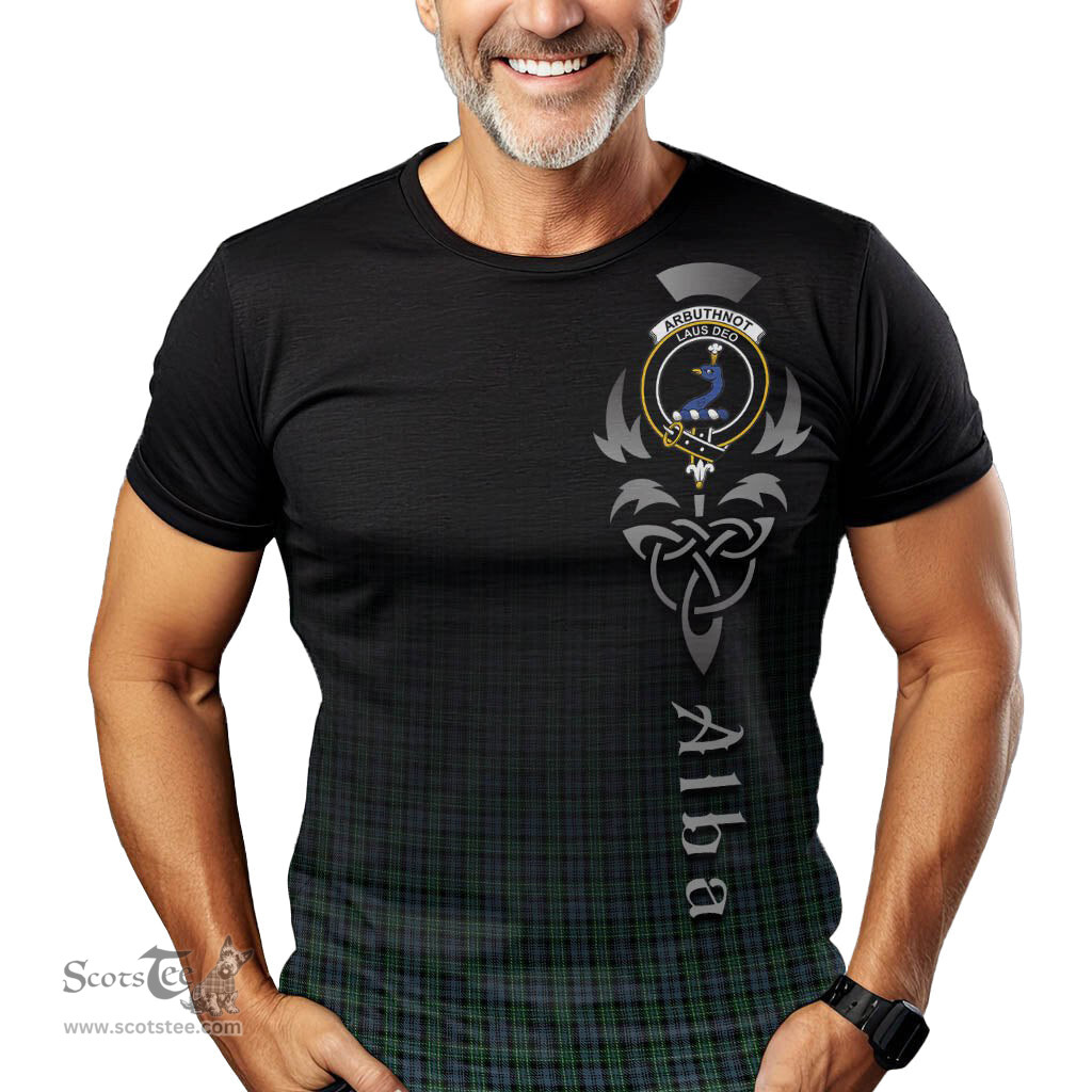 ScotsTee Shop Scottish Arbuthnot Clan Crest Tartan T Shirt Featuring Alba Gu Brath Scotland Forever and Ever Celtic Cross