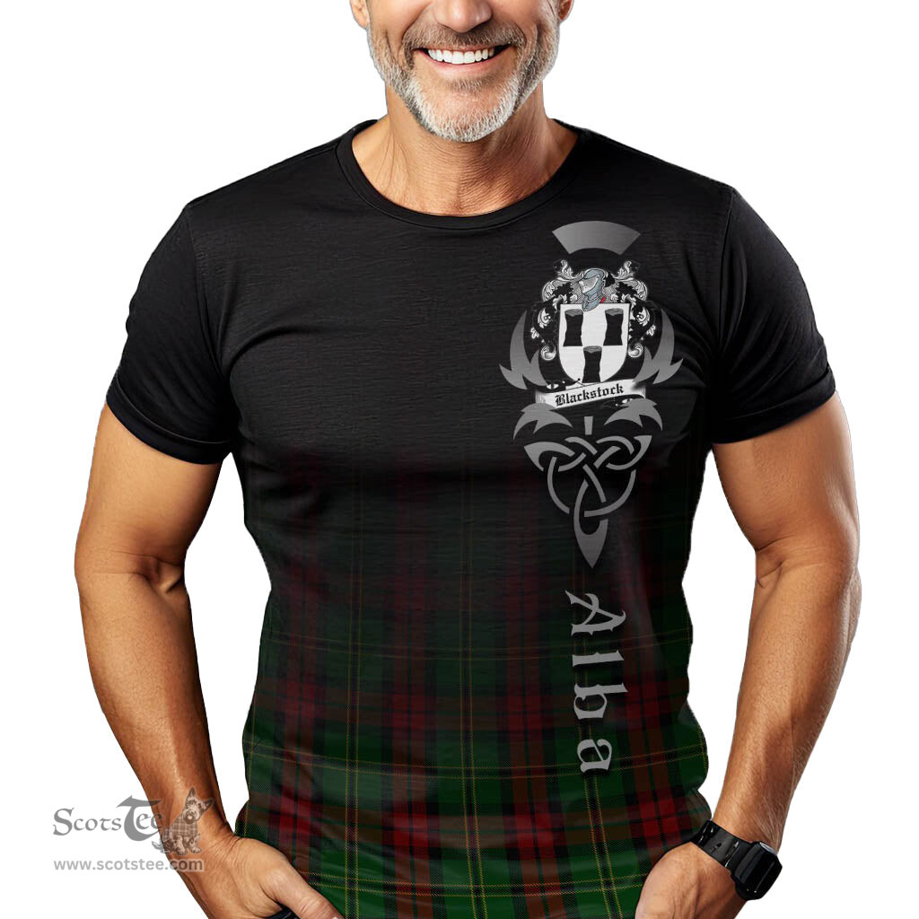 ScotsTee Shop Scottish Blackstock Hunting Clan Crest Tartan T Shirt Featuring Alba Gu Brath Scotland Forever and Ever Celtic Cross
