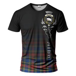 ScotsTee Shop Scottish Bethune Clan Crest Tartan T Shirt Featuring Alba Gu Brath Scotland Forever and Ever Celtic Cross