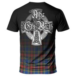 ScotsTee Shop Scottish Bethune Clan Crest Tartan T Shirt Featuring Alba Gu Brath Scotland Forever and Ever Celtic Cross
