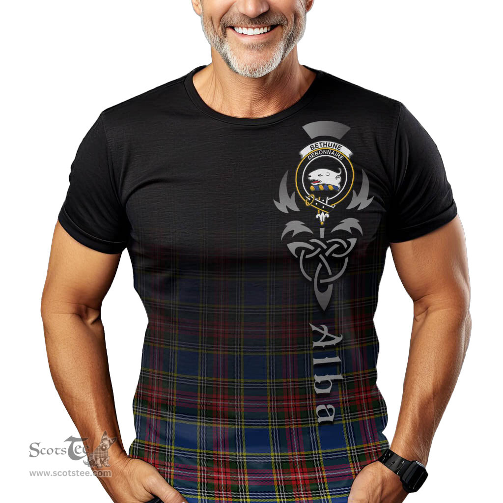 ScotsTee Shop Scottish Bethune Clan Crest Tartan T Shirt Featuring Alba Gu Brath Scotland Forever and Ever Celtic Cross