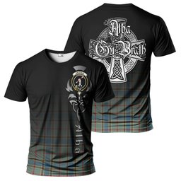 ScotsTee Shop Scottish Balfour Blue Clan Crest Tartan T Shirt Featuring Alba Gu Brath Scotland Forever and Ever Celtic Cross
