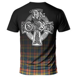 ScotsTee Shop Scottish Buchanan Ancient Clan Crest Tartan T Shirt Featuring Alba Gu Brath Scotland Forever and Ever Celtic Cross