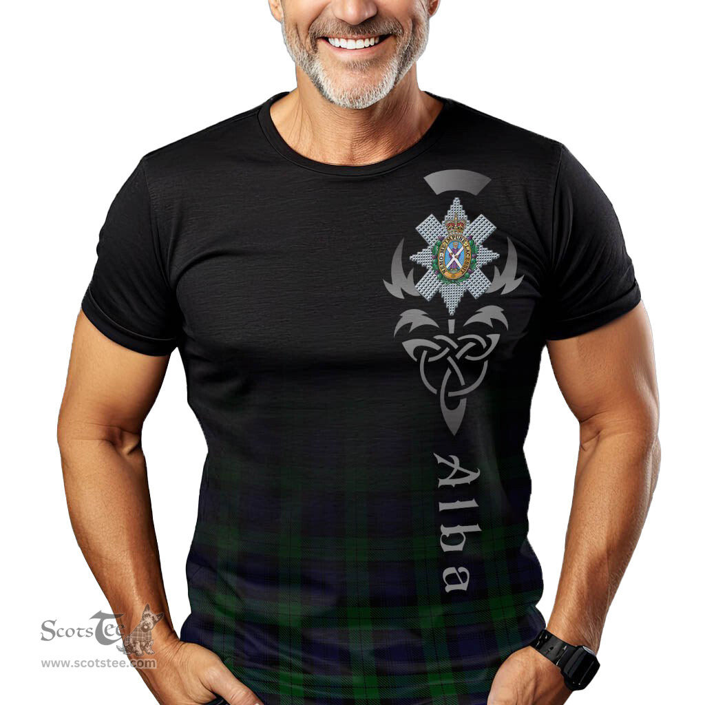 ScotsTee Shop Scottish Black Watch Clan Crest Tartan T Shirt Featuring Alba Gu Brath Scotland Forever and Ever Celtic Cross