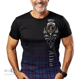 ScotsTee Shop Scottish Elliot Modern Clan Crest Tartan T Shirt Featuring Alba Gu Brath Scotland Forever and Ever Celtic Cross