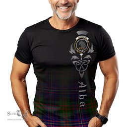 ScotsTee Shop Scottish Chalmers Modern Clan Crest Tartan T Shirt Featuring Alba Gu Brath Scotland Forever and Ever Celtic Cross