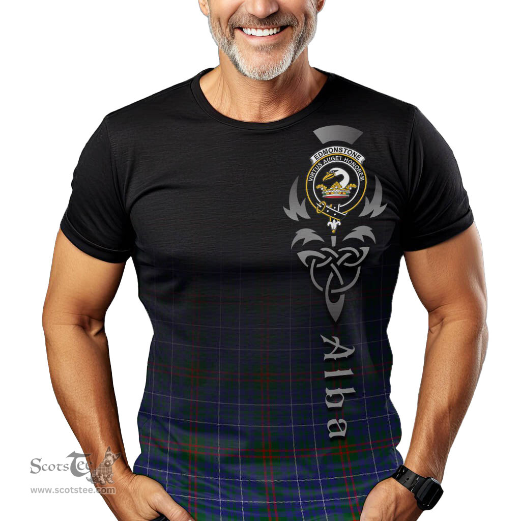 ScotsTee Shop Scottish Edmonstone Clan Crest Tartan T Shirt Featuring Alba Gu Brath Scotland Forever and Ever Celtic Cross
