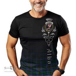 ScotsTee Shop Scottish Cockburn Ancient Clan Crest Tartan T Shirt Featuring Alba Gu Brath Scotland Forever and Ever Celtic Cross