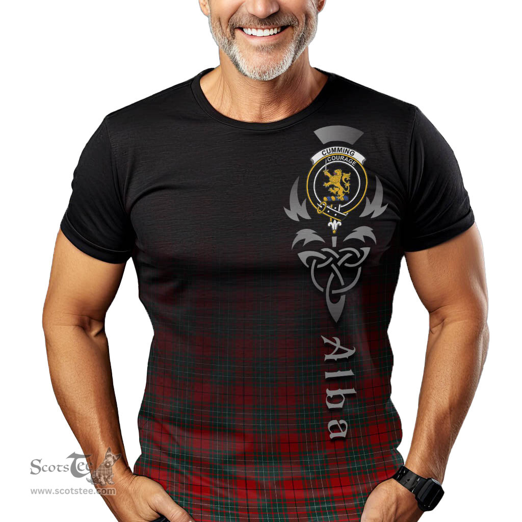ScotsTee Shop Scottish Cumming Modern Clan Crest Tartan T Shirt Featuring Alba Gu Brath Scotland Forever and Ever Celtic Cross