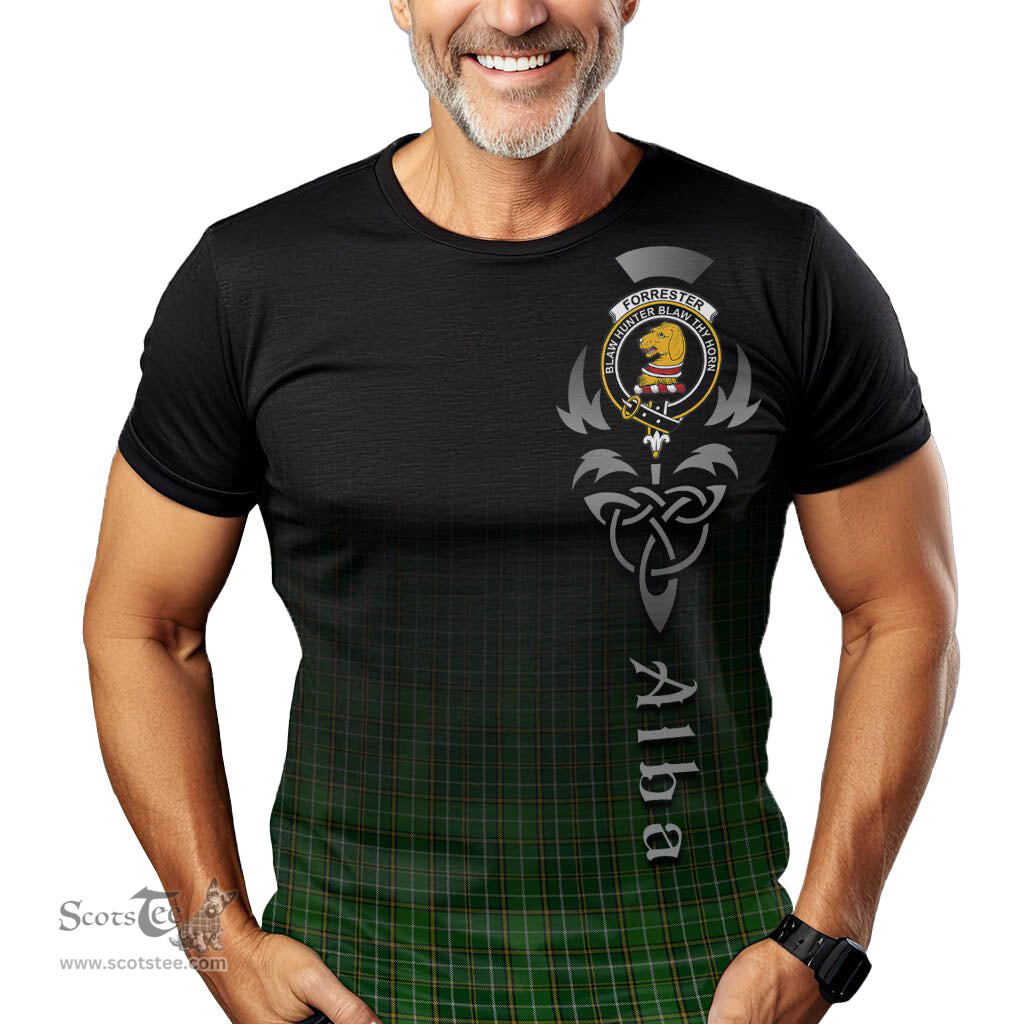 ScotsTee Shop Scottish Forrester Hunting Clan Crest Tartan T Shirt Featuring Alba Gu Brath Scotland Forever and Ever Celtic Cross