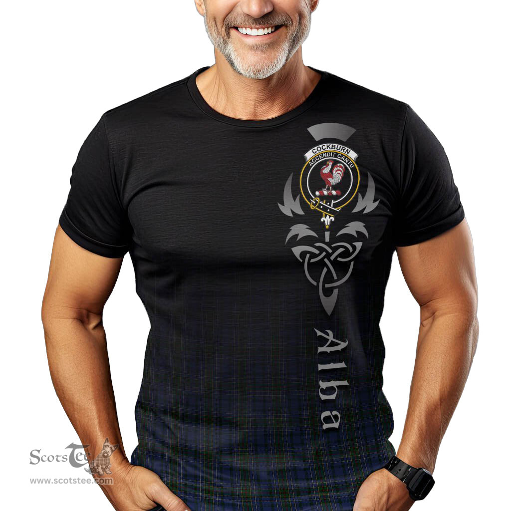 ScotsTee Shop Scottish Cockburn Blue Clan Crest Tartan T Shirt Featuring Alba Gu Brath Scotland Forever and Ever Celtic Cross