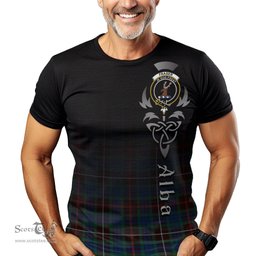ScotsTee Shop Scottish Fraser Hunting Ancient Clan Crest Tartan T Shirt Featuring Alba Gu Brath Scotland Forever and Ever Celtic Cross