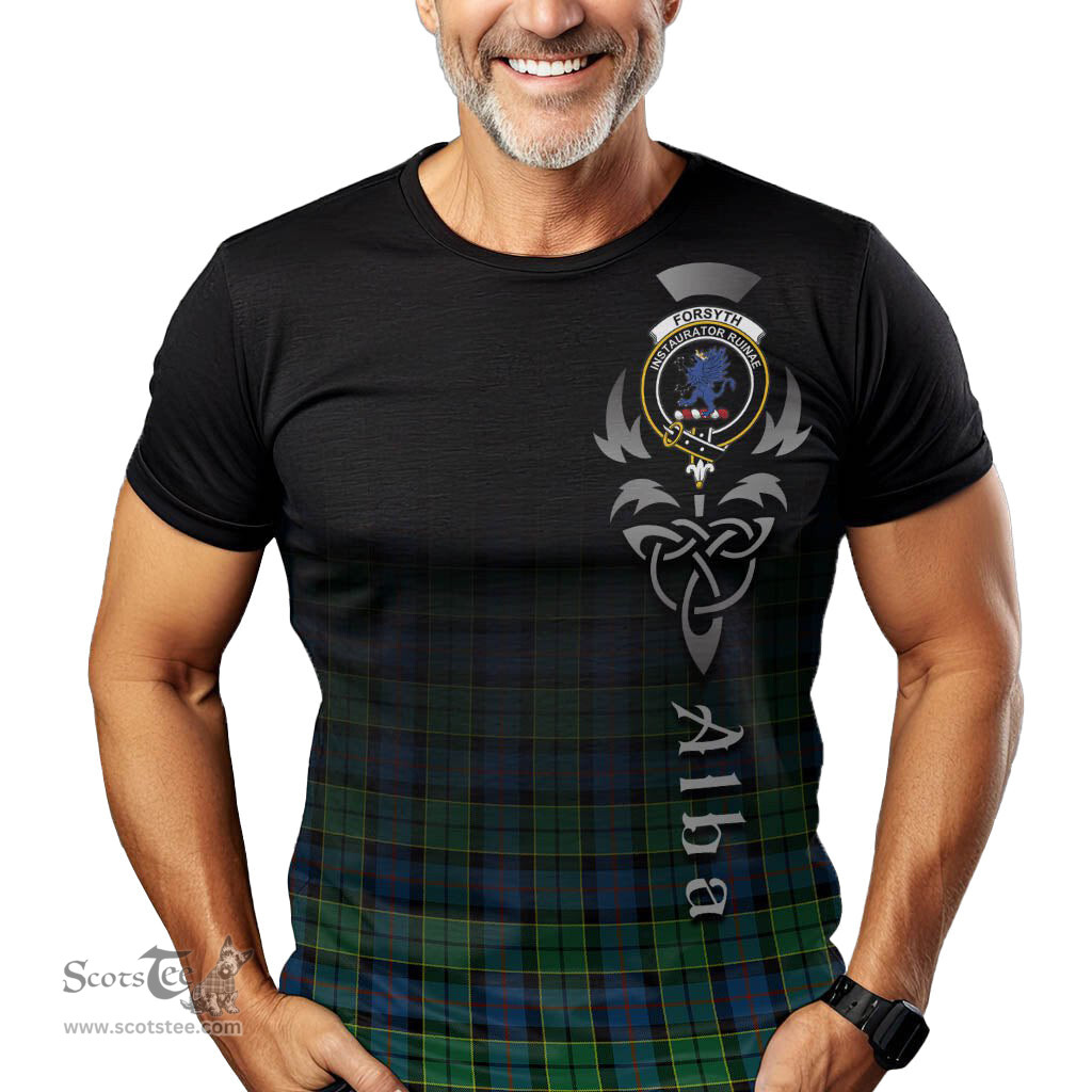 ScotsTee Shop Scottish Forsyth Ancient Clan Crest Tartan T Shirt Featuring Alba Gu Brath Scotland Forever and Ever Celtic Cross