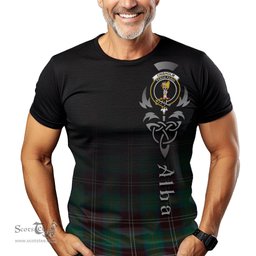 ScotsTee Shop Scottish Chisholm Hunting Ancient Clan Crest Tartan T Shirt Featuring Alba Gu Brath Scotland Forever and Ever Celtic Cross