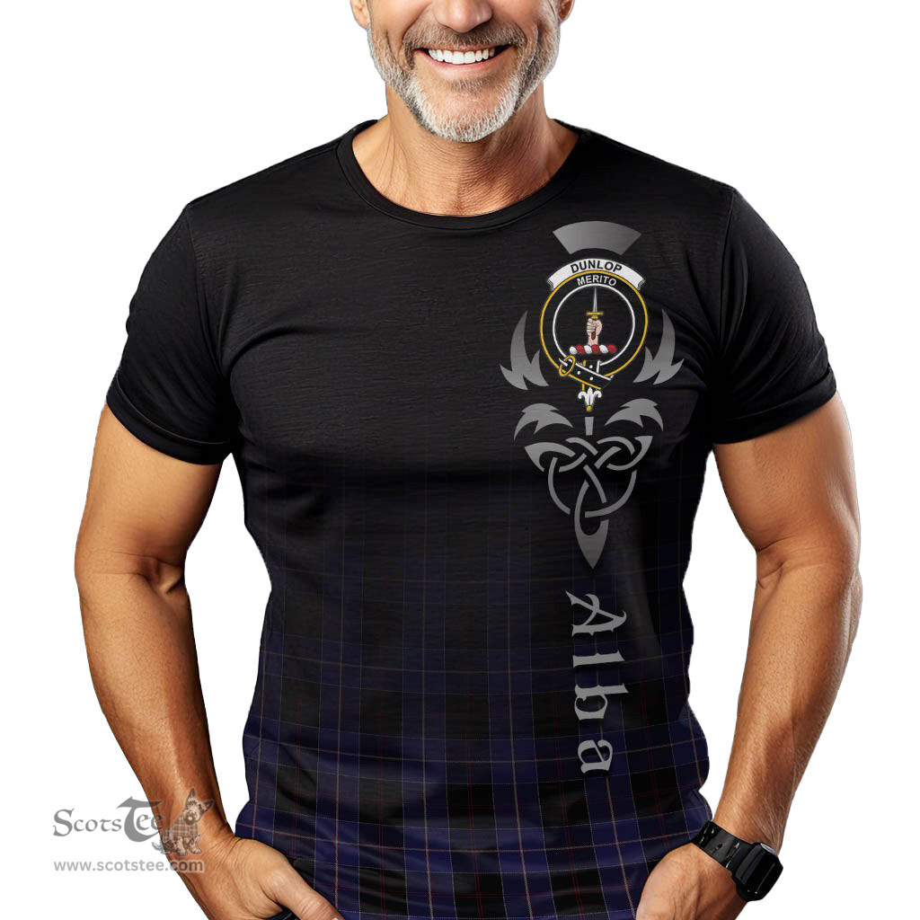 ScotsTee Shop Scottish Dunlop Clan Crest Tartan T Shirt Featuring Alba Gu Brath Scotland Forever and Ever Celtic Cross