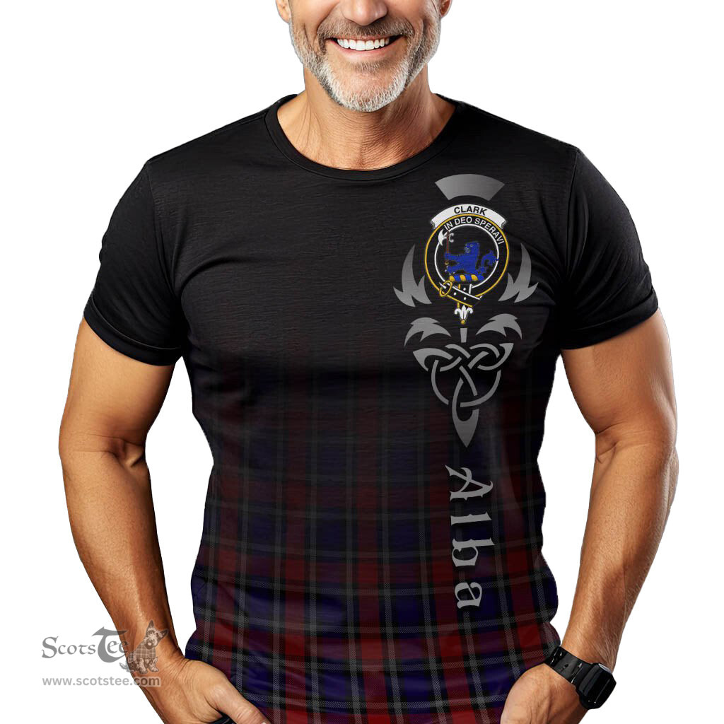 ScotsTee Shop Scottish Clark (Lion) Red Clan Crest Tartan T Shirt Featuring Alba Gu Brath Scotland Forever and Ever Celtic Cross