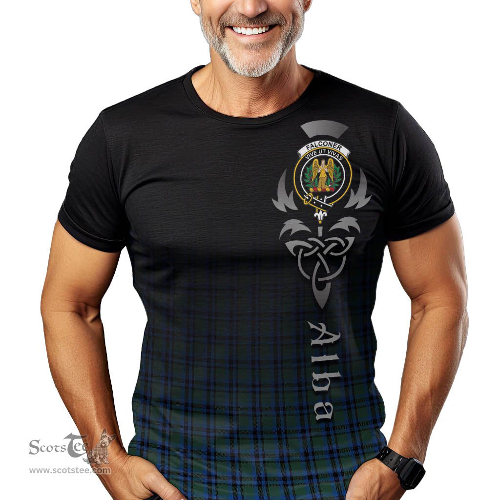 ScotsTee Shop Scottish Falconer Clan Crest Tartan T Shirt Featuring Alba Gu Brath Scotland Forever and Ever Celtic Cross