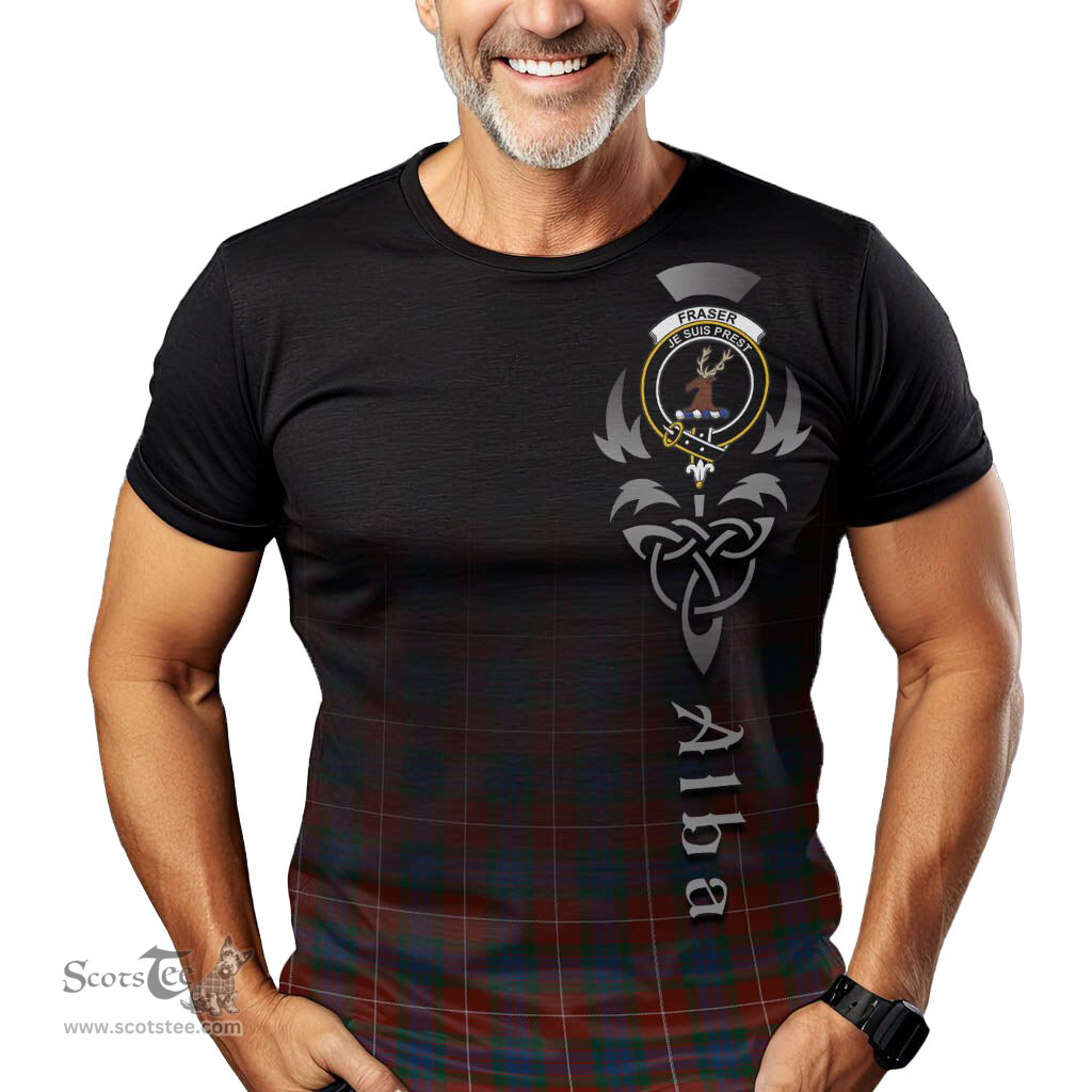 ScotsTee Shop Scottish Fraser Ancient Clan Crest Tartan T Shirt Featuring Alba Gu Brath Scotland Forever and Ever Celtic Cross